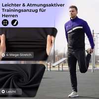 Model wearing the STRIKER tracksuit. Description: Lightweight, breathable tracksuit for men, 4-way stretch, lightweight.