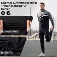 Model wearing the STRIKER tracksuit. Description: Lightweight, breathable tracksuit for men, 4-way stretch, lightweight.