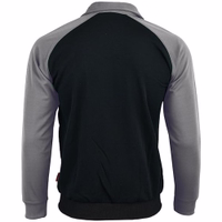 STRIKER men's zip-up training jacket in gray and black. Rear view showing the all-black body and blue raglan sleeves.