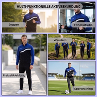 STRIKER Tracksuit Collage. German text: Multifunctional activewear, jogging, gym, casual wear, hiking.