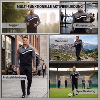 STRIKER Tracksuit Collage. German text: Multifunctional activewear, jogging, gym, casual wear, hiking.