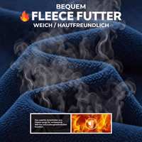 Close-up of blue fleece fabric with a steamed effect. German text: Comfortable fleece lining, soft / gentle on the skin, warmth and comfort.