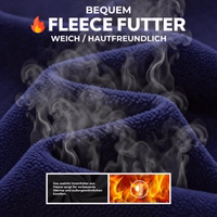 Close-up of purple fleece fabric with a steamed effect. German text: Comfortable fleece lining, soft / gentle on the skin, warmth and comfort.
