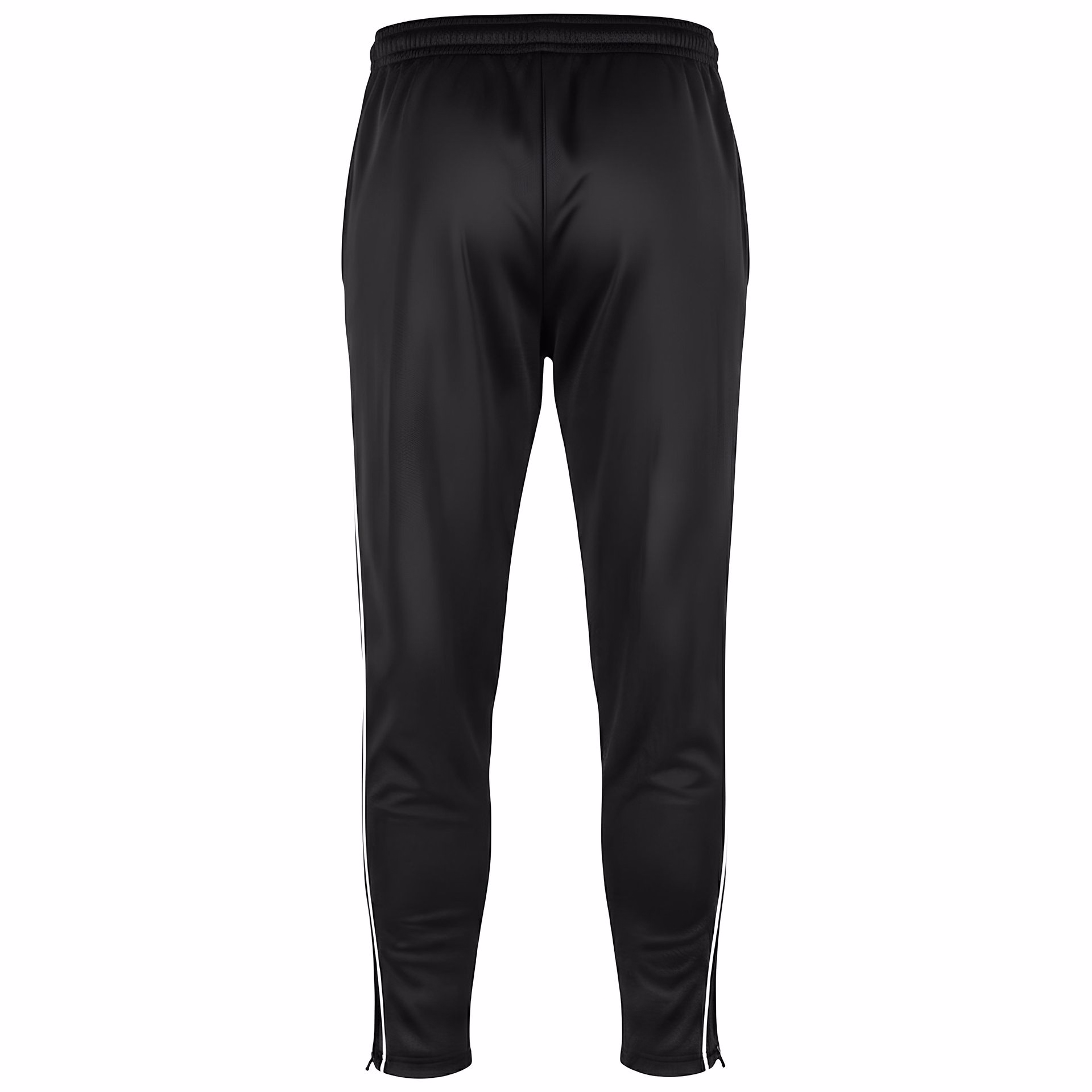 Rückansicht der Herren-Trainingshose – Flexible Sporthose für Männer, stilvolle schwarze Gym-Hose, schwarze Herren-Fitnesshose mit Reißverschlusstaschen, Fußball-Trainingshose, bequeme Trainingshose für Männer, langlebige Hose für Outdoor-Training.