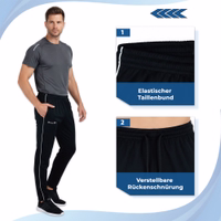 Black men's training pants with elastic waistband and adjustable back drawstring