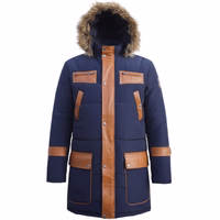 The Rear view of the Men's Winter Jacket combines polyester and leather for a sleek look. Features include a detachable faux fur hood, horn buttons, and secure inner pockets. Designed by German Wear, this jacket offers both style and functionality.