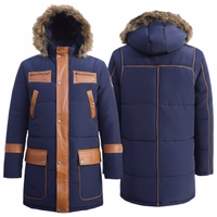 Men down jacket leather jacket with sewn on leather stripes Stay warm and stylish with a blue/brown Men's Down Jacket Trend 527J featuring sewn-on leather stripes. This polyester jacket includes a detachable faux fur hood, horn buttons, and multiple pockets. Designed by German Wear. Free next-day delivery.