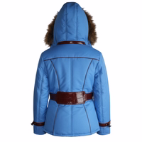 Premium blue Ladies Polyester Jacket, crafted with lambskin leather stripes. This stylish jacket by German Wear includes extra shoulder padding and multiple pockets for practicality. Free next-day delivery.