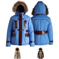 Front & rear view of Ladies Polyester Jacket blue, featuring lambskin leather stripes. This comfortable and practical jacket by German Wear includes extra shoulder padding and multiple pockets. Free next-day delivery.