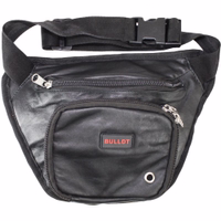 Black leather motorcycle belt bag (Gürteltsche Leder) with adjustable waist up to 116 cm, secure zipper compartments, phone pocket, and front mesh storage. Perfect biker hip bag or leg pouch for riding gear.