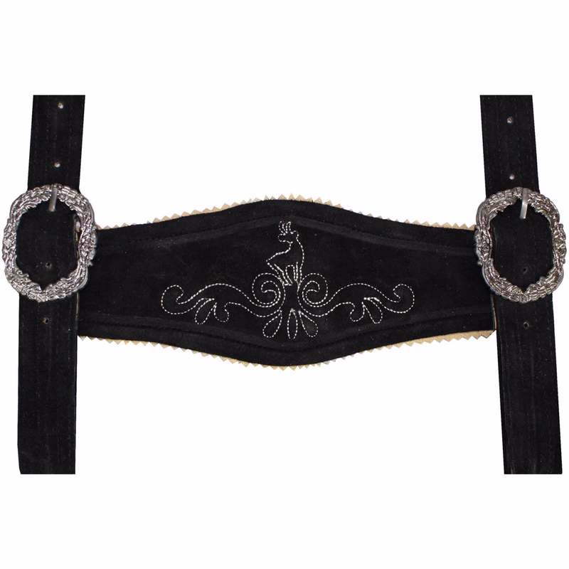Traditional Leather Suspender for Men’s by German Wear Close-up of black suede suspenders with cream-white embroidery. Traditional leather H-straps for lederhosen, made from genuine suede. German Wear suspenders with classic Bavarian design.