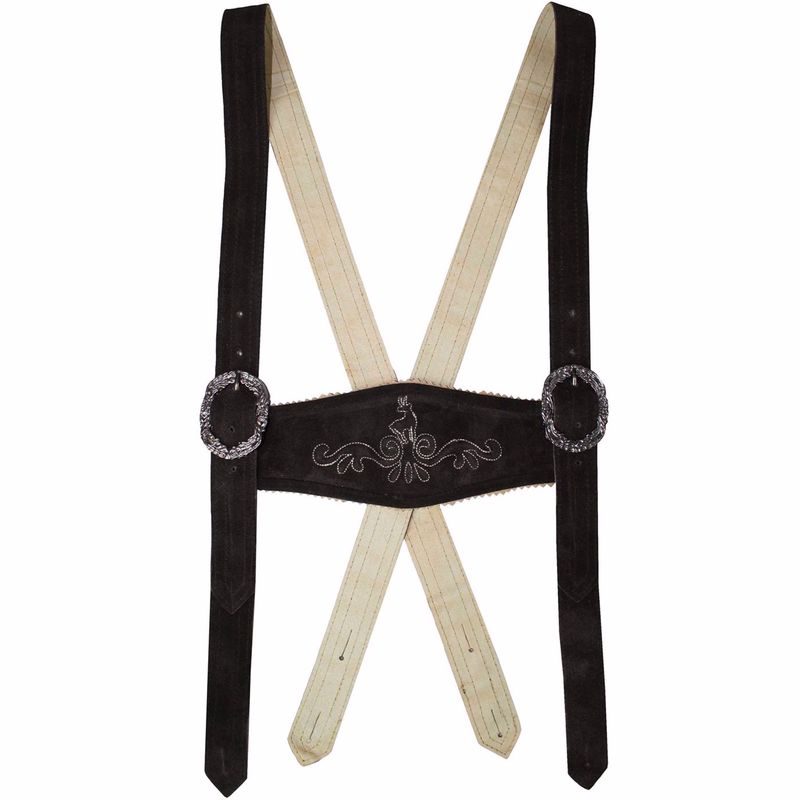 Traditional Leather Suspender for Men’s by German Wear Close-up of black suede suspenders with cream-white embroidery. Traditional leather H-straps for lederhosen, made from genuine suede. German Wear suspenders with classic Bavarian design.