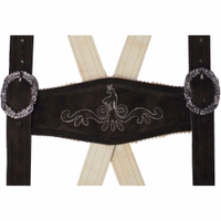 Nahaufnahme dunkelbrauner Wildlederträger mit Stickdetails. Echte Leder-H-Träger für Oktoberfest-Outfits. German Wear Träger aus hochwertigem Wildleder.