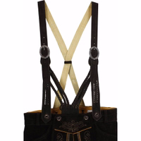 Traditionelle Lederhosenträger für Herren von German Wear Wildleder-Lederhosenträger für Herren in Dunkelbraun mit gestickten Details. Handgefertigte V-Träger, verstellbare Länge, langlebige Qualität, entworfen von German Wear für traditionelle Mode und Lederhosen.