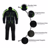 Der neon-gelbe Anzug bietet Rundumschutz & hohe Sichtbarkeit. Aus Cordura-Gewebe gefertigt, mit dehnbaren Knien, Cargotaschen & verstellbaren Ärmeln für eine sichere und zugleich komfortable Fahrt.