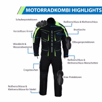 Dieser neon-gelbe Motorrad-Textilanzug besteht aus Jacke & Hose mit integrierten Protektoren. Mit 4 Fronttaschen, reflektierenden Paspeln und Klettverschluss an den Ärmeln für einfache Handschuhnutzung.