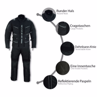 Herren-Motorradanzug Textil – Motorradjacke + Motorradhose inkl. Protektoren Dieser schwarze Textil-Motorradanzug bietet Rundumschutz mit integrierter Protektoren, verstellbaren Ärmeln und Stretch-Einsätzen. Für Alltagsfahrer, die Stil und Sicherheit gleichermaßen schätzen.