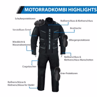 Herren-Motorradanzug Textil – Motorradjacke + Motorradhose inkl. Protektoren Der schwarze Motorradanzug bietet einen eleganten Allwetter-Look mit gepolsterter Jacke und verstärkten Hosen. Mit Cargotaschen, Klettbündchen & reflektierenden Paspeln für mehr Sicherheit bei Nachtfahrten.
