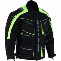 Herren-Motorradanzug Textil – Motorradjacke + Motorradhose inkl. Protektoren In der Seitenansicht zeigt die neon-gelbe Herren-Motorradjacke große Mesh-Einsätze an Brust, Rücken & Ärmeln für optimale Belüftung. Mit geprüften Protektoren, winddichtem, herausnehmbarem Innenfutter & Innentasche ausgestattet.