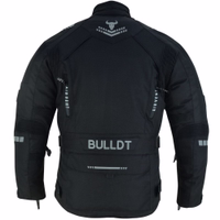 Herren-Motorradanzug Textil – Motorradjacke + Motorradhose inkl. Protektoren Herren-Motorradjacke in Schwarz, Rückansicht, BLD323J, mit Arm-, Schulter- & Rückenprotektoren. Aus Polyester gefertigt, mit herausnehmbarem Innenfutter. Neonfarben & 3M-Reflektoren erhöhen die Sichtbarkeit im Dunkeln.