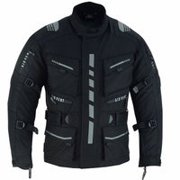 Herren-Motorradanzug Textil – Motorradjacke + Motorradhose inkl. Protektoren Herren-Motorradjacke in Schwarz, BLD325K, Frontansicht mit Reißverschluss & Knopfverschluss. Insgesamt 4 Fronttaschen. Ärmel lassen sich leicht mit Klett öffnen – praktisch für Handschuhe.
