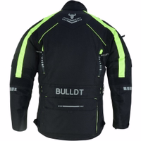 Herren-Motorradanzug Textil – Motorradjacke + Motorradhose inkl. Protektoren Herren-Motorradjacke in Neon-Gelb, Rückansicht, BLD323J, mit Arm-, Schulter- & Rückenprotektoren. Aus Polyestergewebe gefertigt, mit herausnehmbarem Innenfutter. Neonfarben & 3M-Reflektoren erhöhen die Sichtbarkeit im Dunkeln.