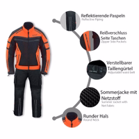 BULLDT Motorrad-Textilanzug für Herren Merkmalsanzeige des BULLDT Herren Motorrad Textil Neon Orange Anzugs mit Mesh Belüftung, CE geprüften Protektoren, strapazierfähigem Cordura, reflektierenden Sicherheitselementen und Anpassungssystem jetzt kaufen