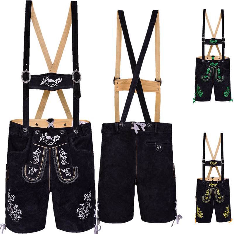 Short lederhosen with braces Trachten trousers black with embroidery