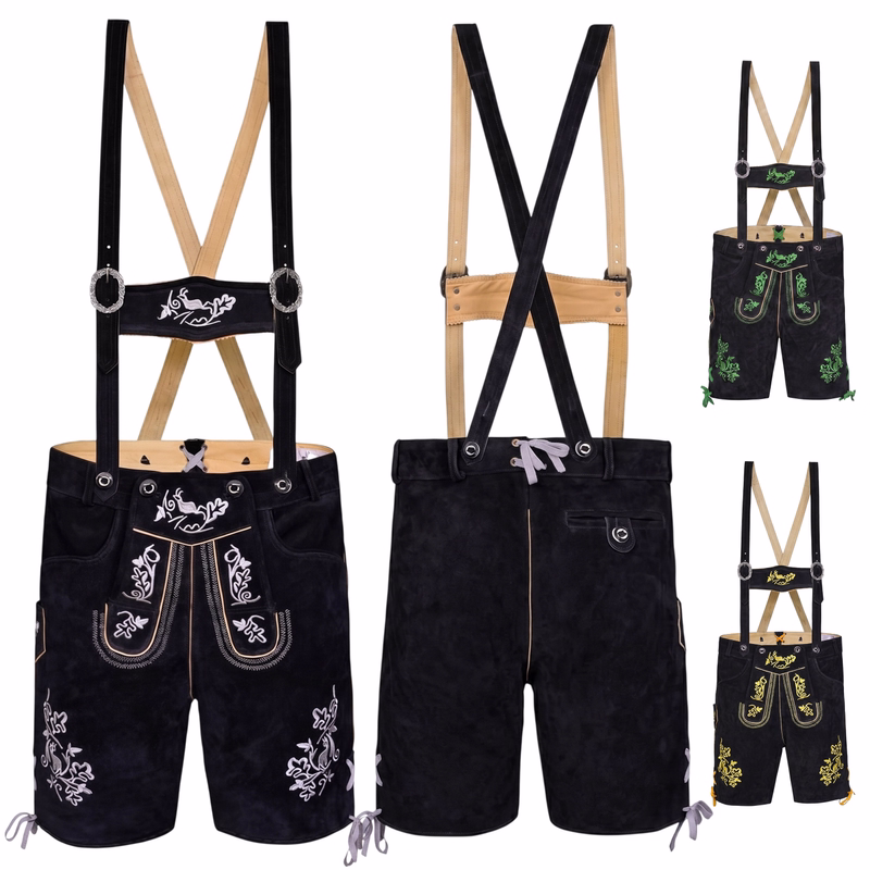 Short lederhosen with braces Trachten trousers black with embroidery