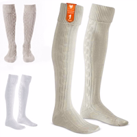 Pair of extra long Bavarian socks in natural color, shown with all color options. 75cm knee-high stockings with cable knit pattern, ideal Oktoberfest costume accessory.
