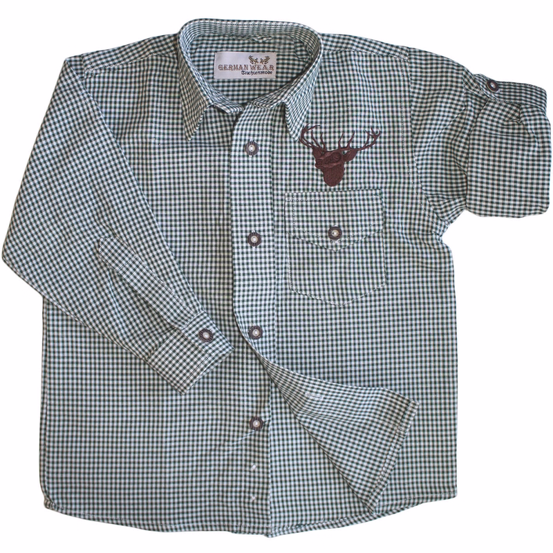 Bayerisches Trachtenhemd für Herren von German Wear Herren Trachtenhemd in Rot-Grün kariert mit Hirschstickerei. Bequeme Baumwoll-Polyester-Mischung, lange Ärmel mit aufrollbaren Manschetten, durchgehender Knopfleiste – perfektes Oktoberfest-Hemd.