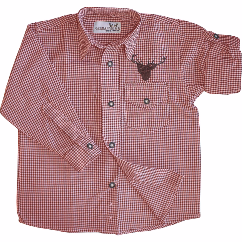 Bayerisches Trachtenhemd für Herren von German Wear Herren Trachtenhemd in Rot-Grün kariert mit Hirschstickerei. Bequeme Baumwoll-Polyester-Mischung, lange Ärmel mit aufrollbaren Manschetten, durchgehender Knopfleiste – perfektes Oktoberfest-Hemd.