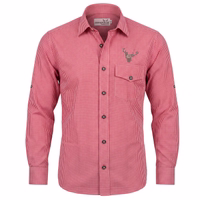 Traditional Long-Sleeved Checkered Shirt with Flap Pockets A red-and-white checkered long-sleeved traditional shirt for men with a chest flap pocket, deer-head embroidery, and the “GERMAN WEAR” brand logo visible on the collar label, set against a white background.
