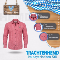 Traditional Long-Sleeved Checkered Shirt with Flap Pockets Product overview for a red-and-white checkered traditional Bavarian-style shirt by German Wear with text describing the product details: Classic Kent collar roll-up sleeves and a practical flap pocket on a wood-and-diamond pattern background.