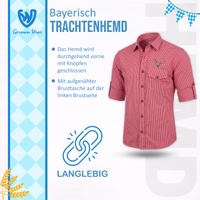 Traditional Long-Sleeved Checkered Shirt with Flap Pockets Product infographic for a red-and-white checkered Bavarian traditional shirt from German Wear featuring descriptive text: a full-length button placket in the front a sewn-on chest pocket on the left side of the chest.