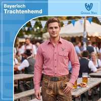 Traditional Long-Sleeved Checkered Shirt with Flap Pockets A man is standing in a beer garden, wearing a red-and-white checkered Bavarian traditional shirt from German Wear with deer embroidery on the chest. In the upper left corner, the text “Bayerisch Trachtenhemd” appears on a blue background with a logo.