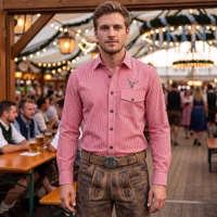 Traditional Long-Sleeved Checkered Shirt with Flap Pockets Lifestyle02R-1721086238-GW1203-H-Bayerisches-Trachtenhemd-fuer-Herren--Oktoberfesthemd-fuer-Herren--Traditionelles-deutsches-Hemd-mit-Stickerei--Rot-gruen-kariertes-bayerisches-Hemd-.jpg