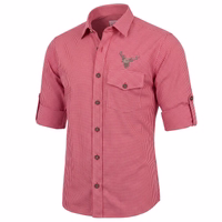 Traditional Long-Sleeved Checkered Shirt with Flap Pockets A red-and-white checkered men's traditional shirt with rolled-up sleeves against a white background.
