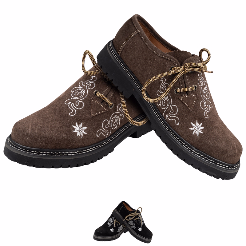 Damen Bayerische Trachtenschuhe in Schwarz Elegante schwarze Damen-Trachtenschuhe mit aufwendiger Stickerei, robuster Verarbeitung und klassischer runder Kappe. Handgefertigte Haferlschuhe mit stabilem Blockabsatz und Schnürverschluss für sicheren Halt.