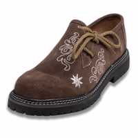 A front view of women's brown Bavarian shoes featuring a block heel and a leather sole. These traditional Trachten shoes are designed with a round toe cap, lace fastener, and intricate embroidery, exemplifying classic ladies' Haferl footwear.