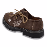 Handcrafted Bavarian shoes in rich brown cowhide leather. Featuring a block heel, round toe cap, and side lacing. The short shaft design offers a stylish and comfortable fit. Available for purchase online.