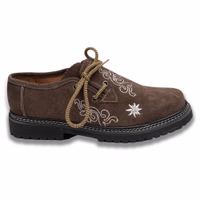 Side view of traditional trachten shoes featuring intricate embroidery and a block heel. These handmade lederhosen shoes are crafted from cowhide leather and include side lacing for an authentic touch.