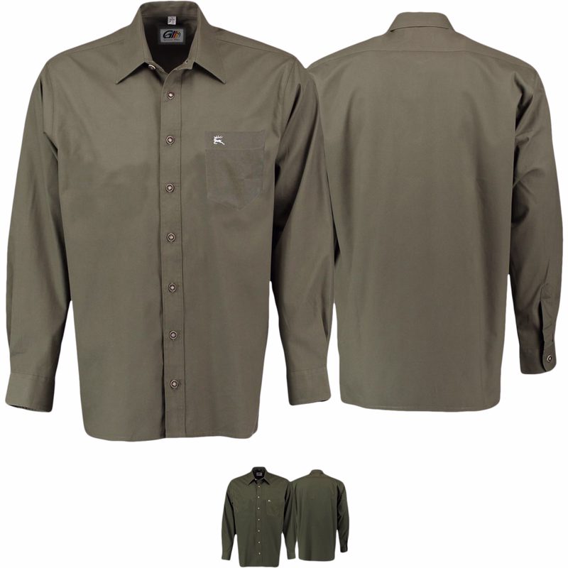 Men's Tract Green Traditional Trachten Hunting Shirt Front and rear view of Men's Traditional Trachten Hunting Shirt Breathable Long Sleeve Lederhose Shirt in Tract Green Comfortable Classic Design Ideal for Outdoor Wear Buy Quality Hunting Shirt Online