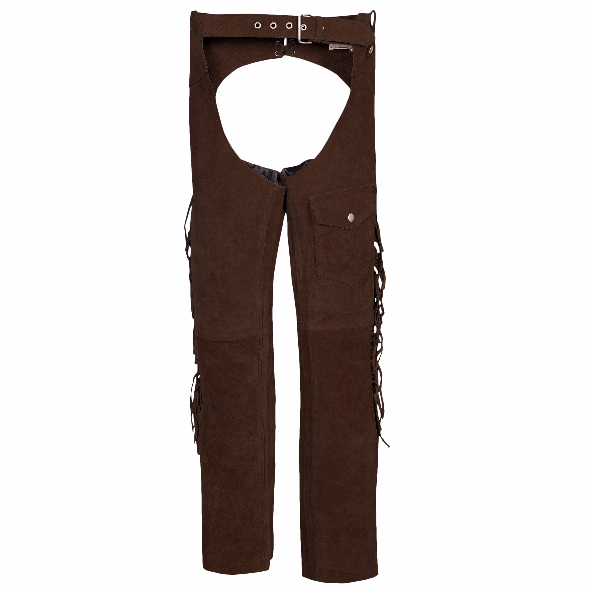 Herren Western-Lederchaps Vorderansicht der Herren Western Leder Chaps in dunkelbraun mit glattem Rindsleder, Fransen über die gesamte Länge, verstellbarem Rückenkordelzug und praktischem Seitenschlitz, jetzt kaufen.