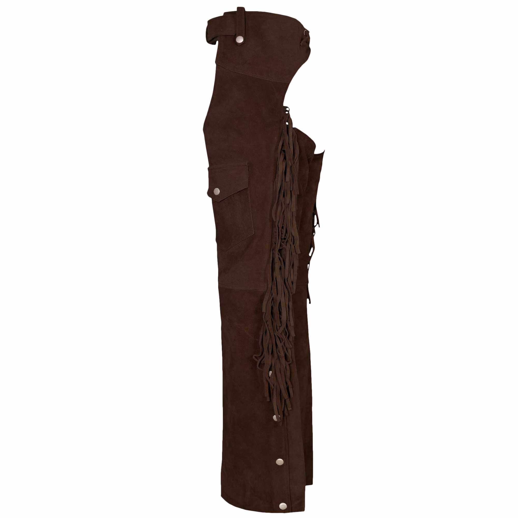 Herren Western-Lederchaps Seitenansicht der Herren Western Leder Chaps in dunkelbraun mit langlebigem Rindsleder, klassischen Fransen an den Beinen, verstellbarer Passform und vielseitiger Nutzung für Westernveranstaltungen oder Reiten, jetzt kaufen.