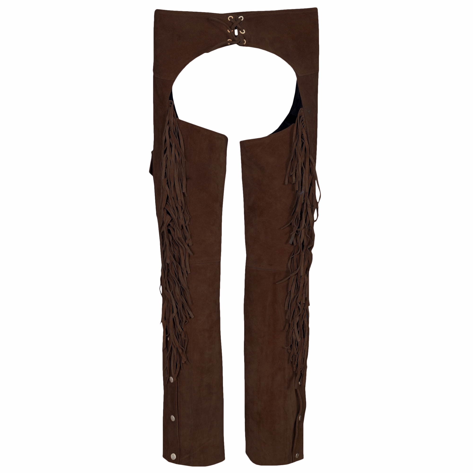 Herren Western-Lederchaps Rückansicht der Herren Western Leder Chaps in dunkelbraun mit weichem Leder, langlebigem Design, verstellbarem Rückenkordelzug und klassischem Cowboy-Stil für Reiten oder Kostüme, jetzt sichern.