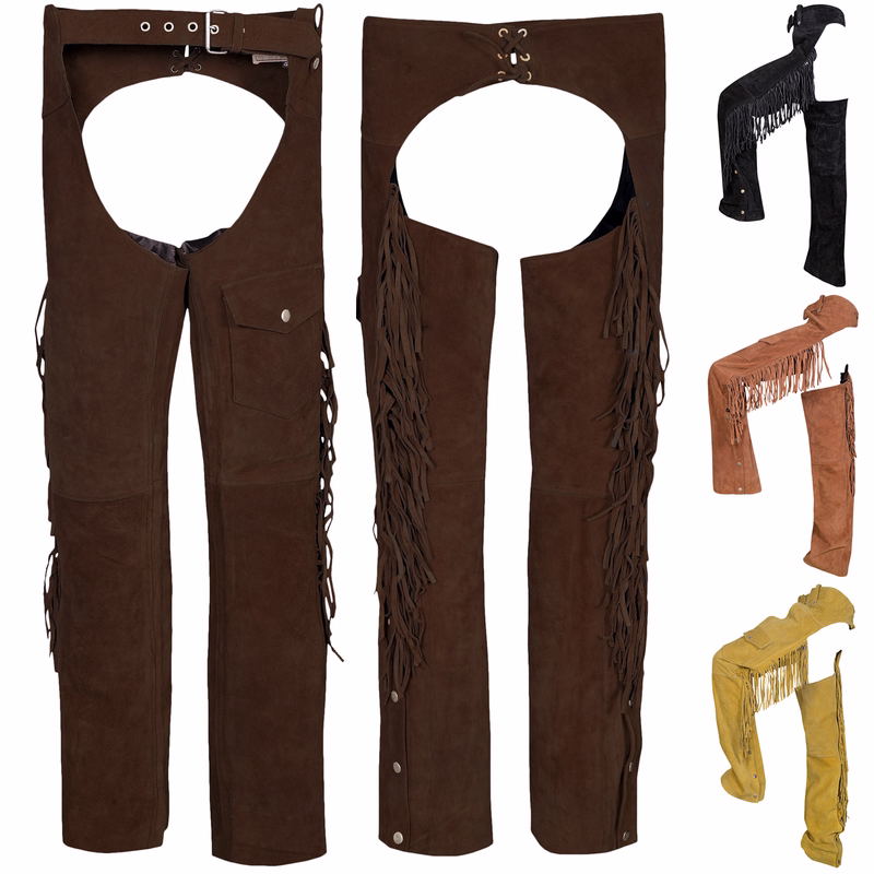 Men’s Western Leather Chaps Front and back view of Men’s Western Leather Chestnut Brown Chaps showing soft cowhide leather, classic fringe details, adjustable fit, and premium quality for Western riding gear, buy online.