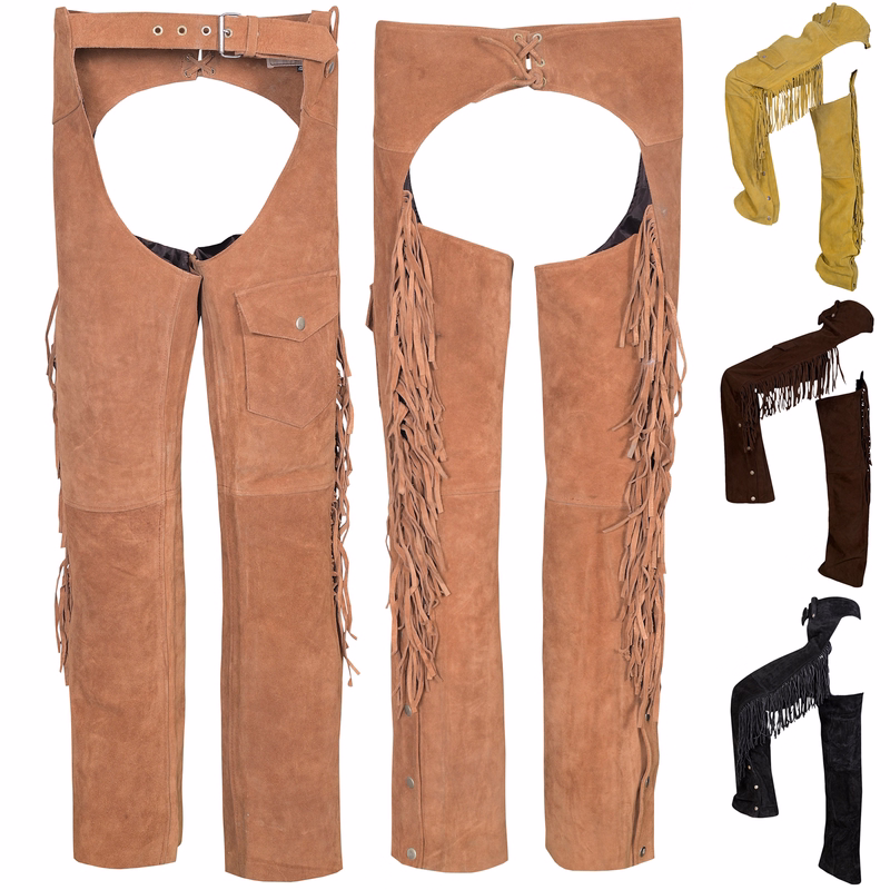 Herren Western-Lederchaps Vorder- und Rückansicht der Herren Western Leder Chaps in kastanienbraun mit weichem Rindsleder, klassischen Fransen, verstellbarer Passform und hochwertiger Qualität für Westernreiten, jetzt kaufen.