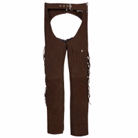 Front view of Men’s Western Leather Dark Brown Chaps highlighting smooth cowhide leather, full-length fringe, adjustable back cord, and practical side zipper for a perfect fit, buy now.