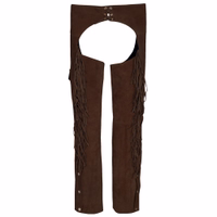 Back view of Men’s Western Leather Dark Brown Chaps showing soft leather, durable design, adjustable rear cord, and classic cowboy style for riding or costumes, get now.